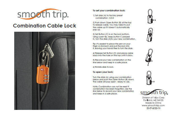 Smooth Trip TSA Accepted Combination Cable Lock